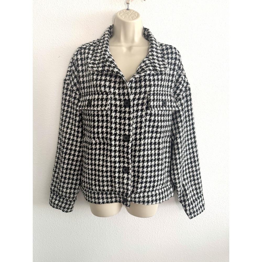 Anthropologie Womens Houndstooth Jacket Sz L Black White Plaid Shacket Sanctuary